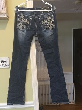 Miss Me Dark Blue Bootcut Jeans with Embroidered Fleur-de-Lis